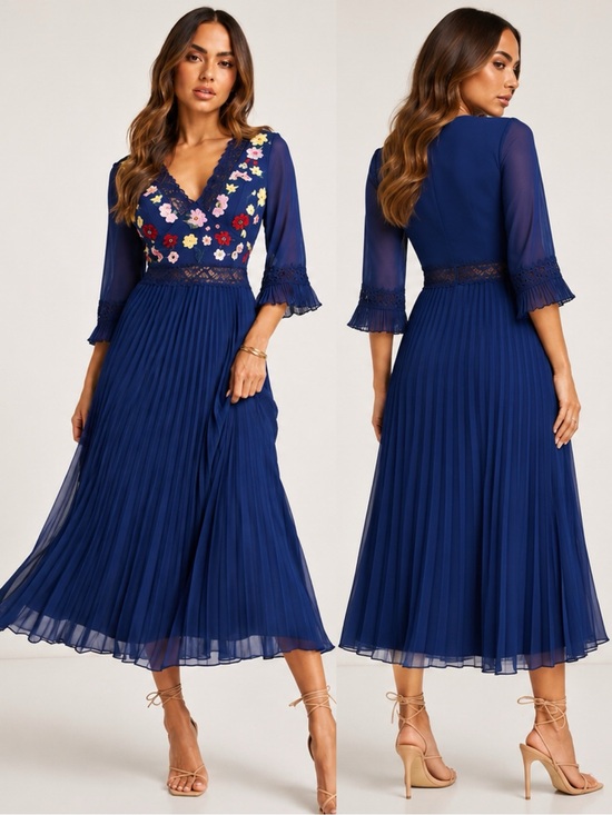 ASOS Dresses & Skirts - ASOS Embroidered Navy V-Neck Pleated Midi Dress